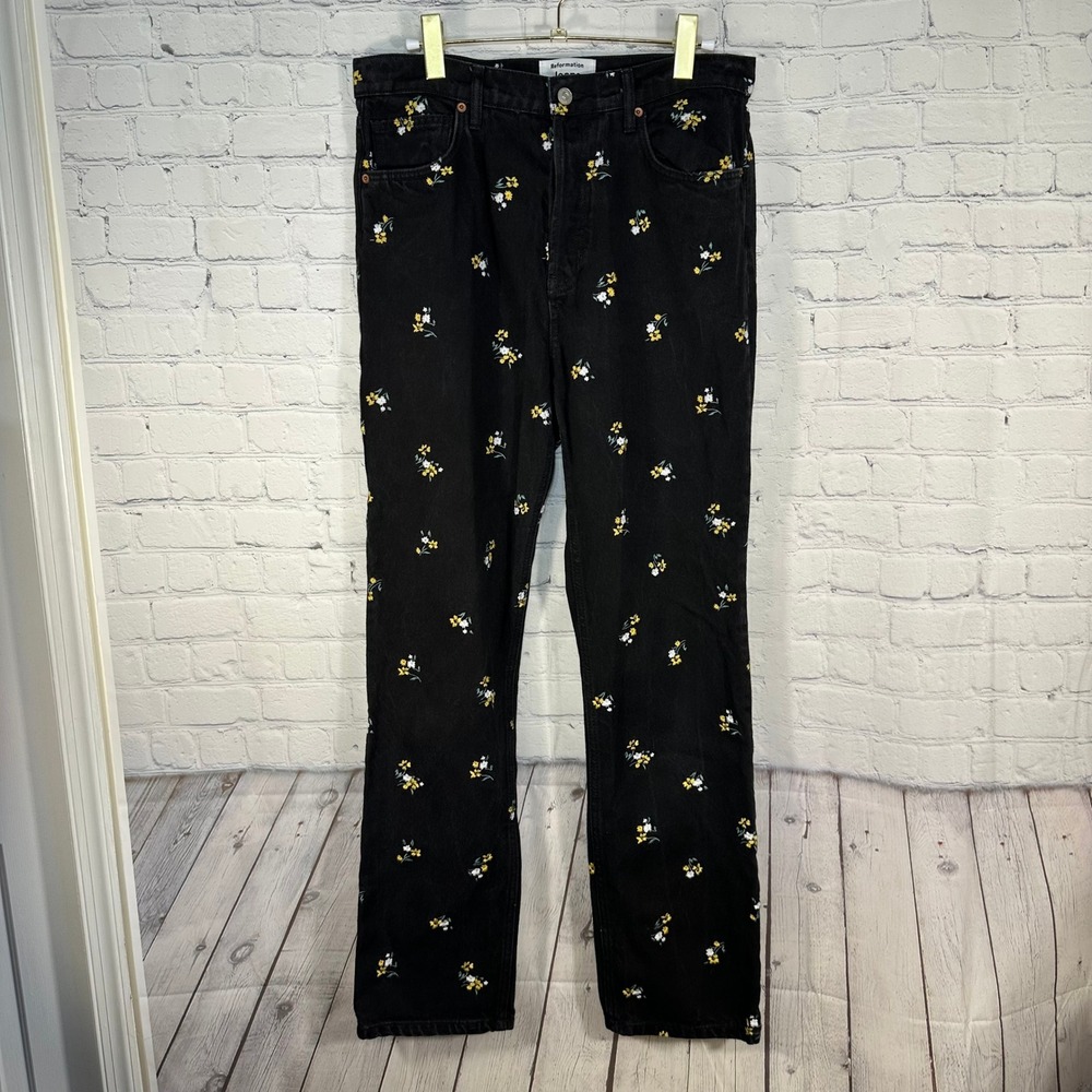 Reformation Jeans Womens Black Floral Embroidered Straight Leg Denim Pants 30